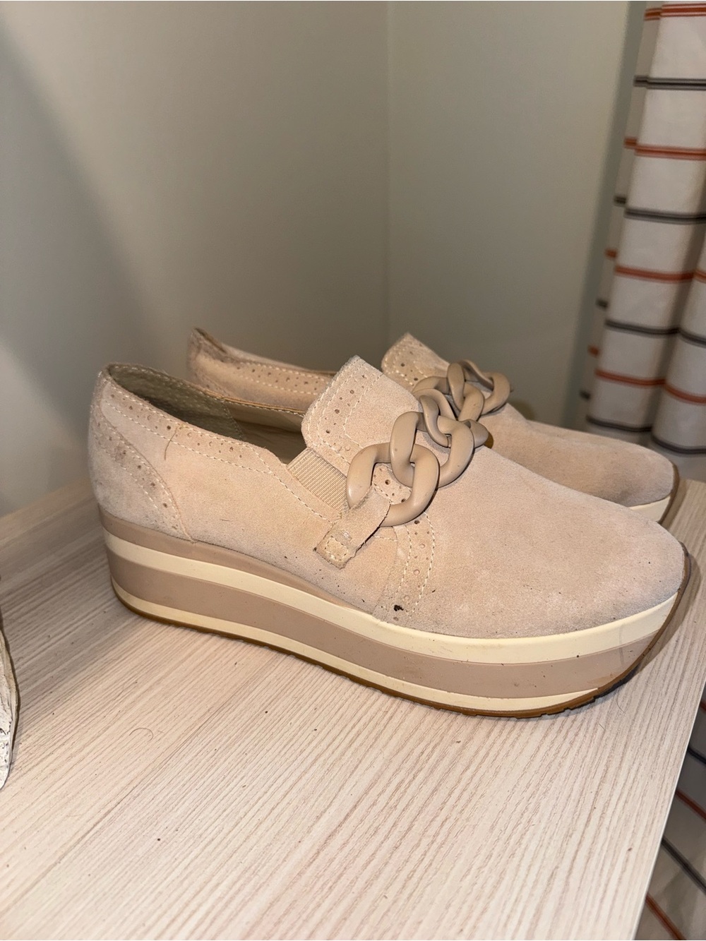 Dolce Vita Beige Suede Platform Loafers with Chain Detail